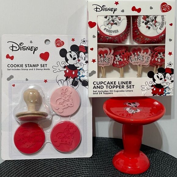 Disney Mickey & Minnie Cupcake Liners, Toppers, Cupcake stand, Cookie stamps NWT - Picture 2 of 8